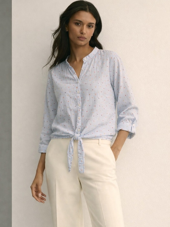 Brooks Brothers Tops - Brooks Brothers Blue Mini Print Blouse Tie Front Roll Tab Sleeve Women Size 10